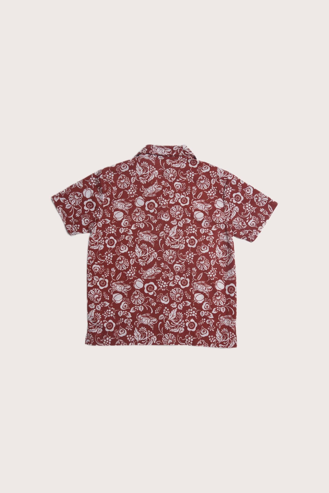 Elegant back view of the Bali Tropical Shirt in Veg and Crab print