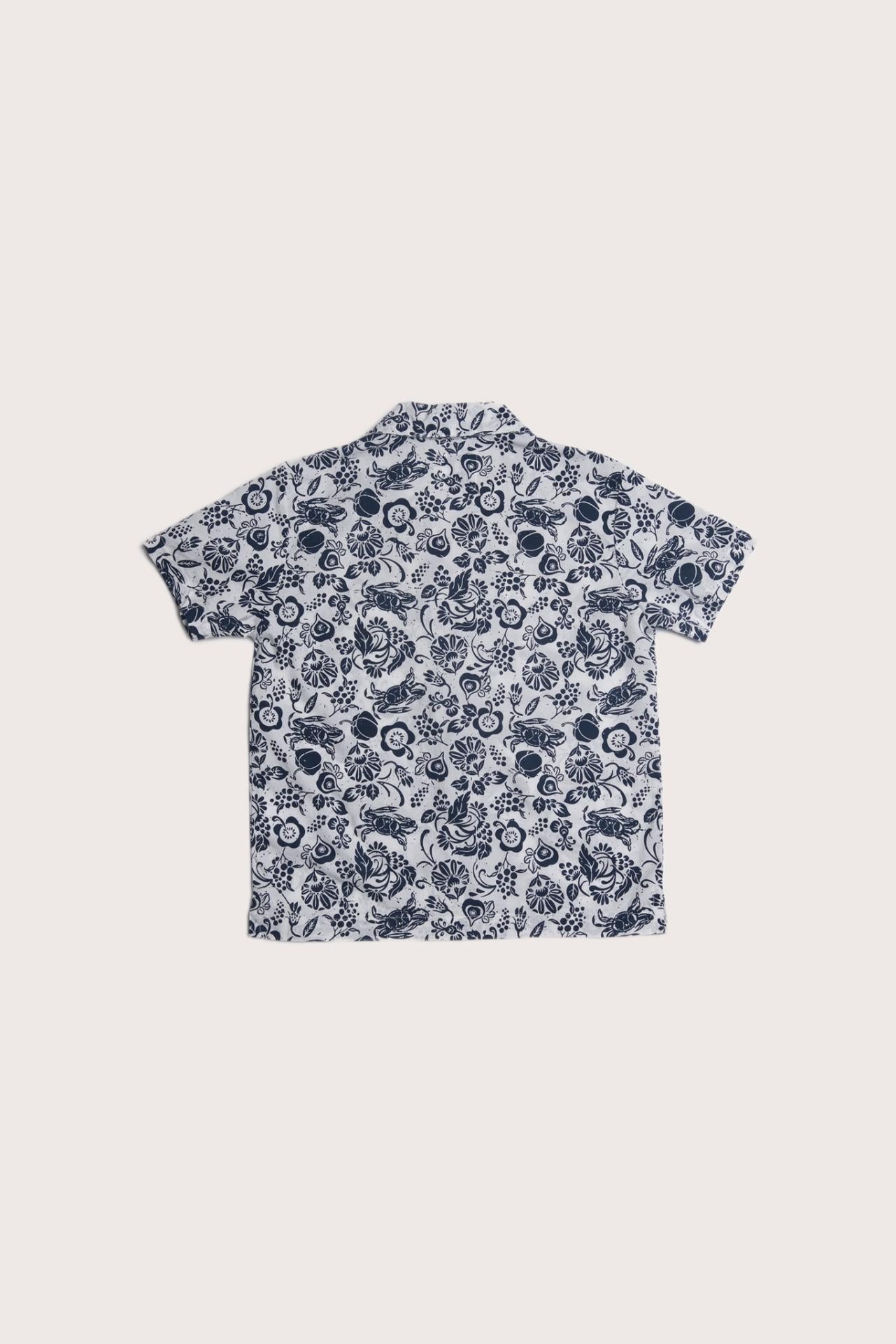 Artistic Veg and Crab illustration detail on the Bali Tropical Shirt