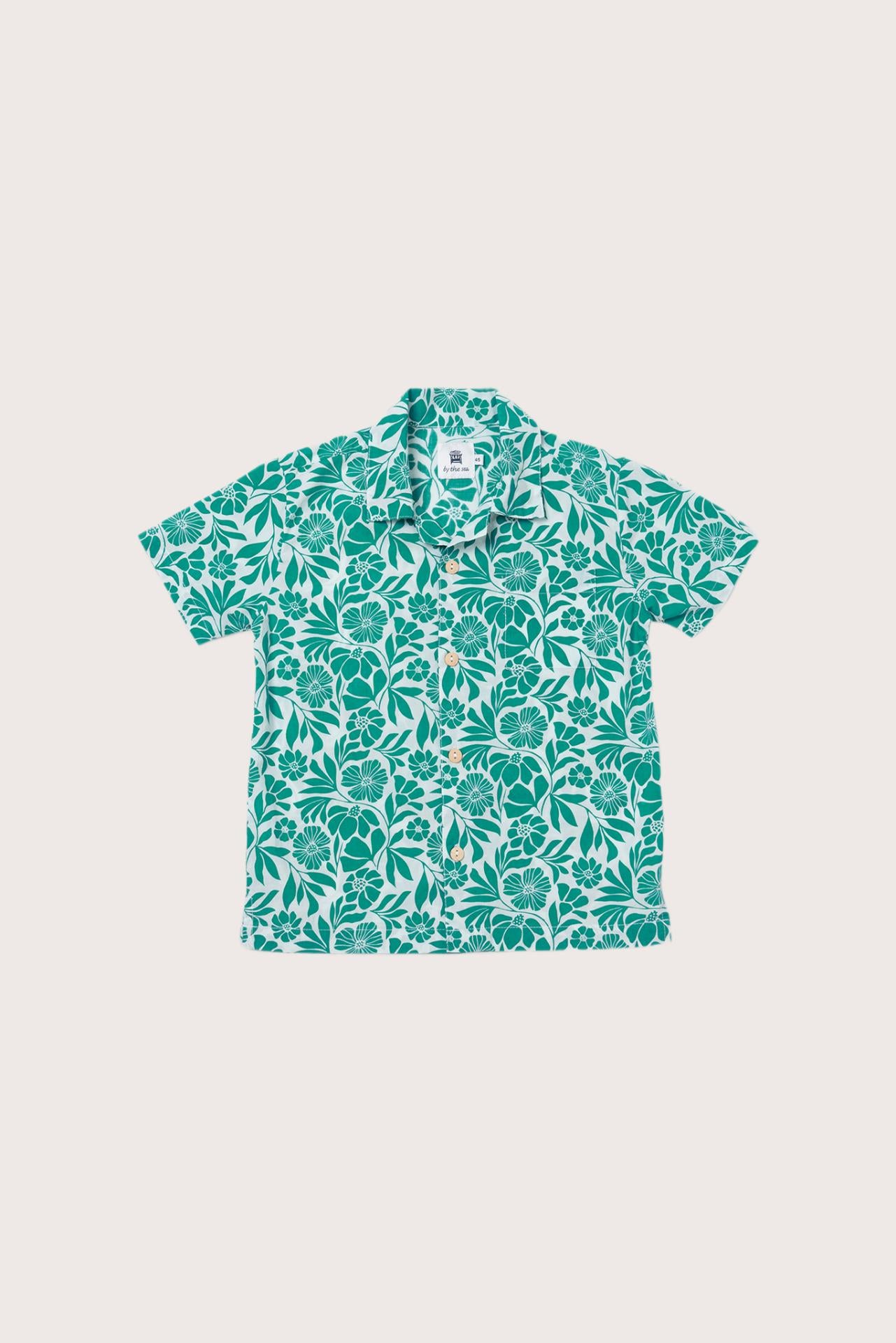 Close-up detail of tropical print and premium cotton texture