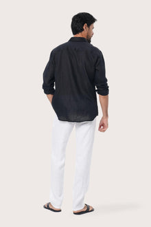 Pure linen weave detail of the Black Baron Shirt showcasing its natural texture by By The Sea Bali