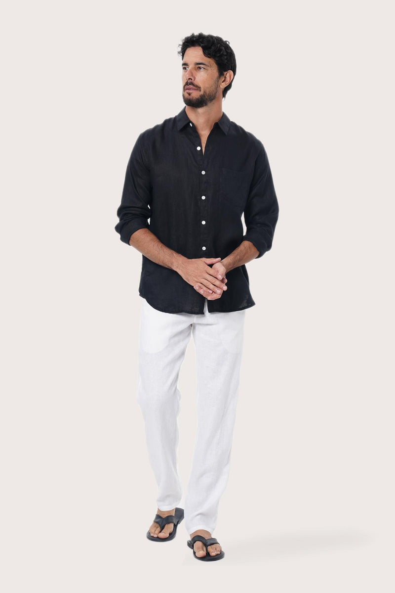 Front view of the Baron Linen Shirt in Black by By The Sea Bali, styled for effortless summer dressing