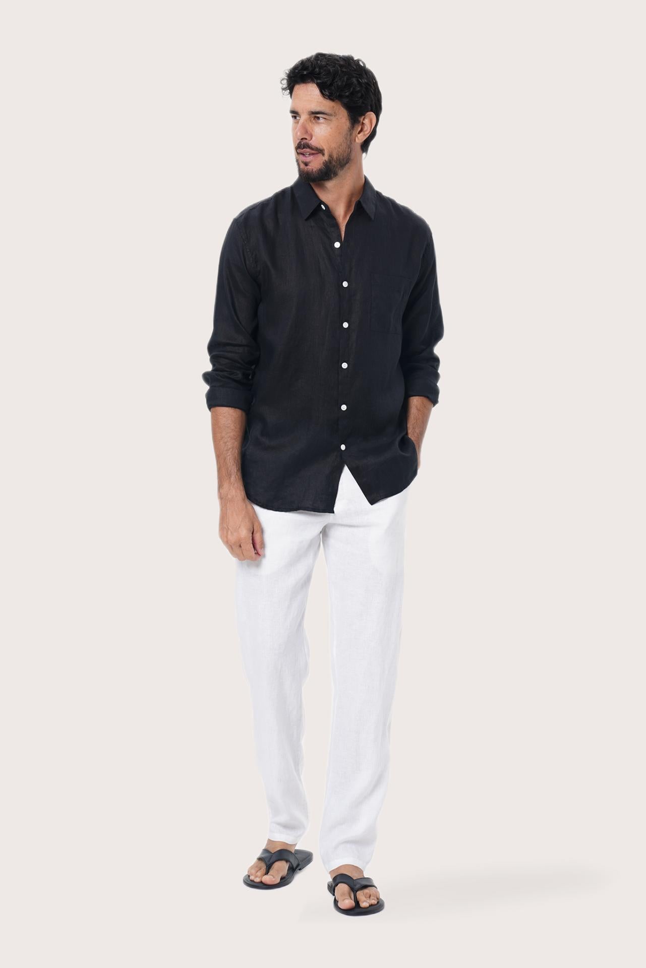 By The Sea Bali Baron Linen Shirt in Black — breathable 100% linen shirt with a refined, relaxed silhouette