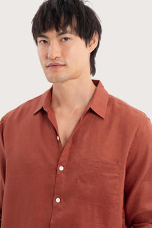Close-up fabric and collar detail of the Baron Linen Shirt Brick by By The Sea Bali