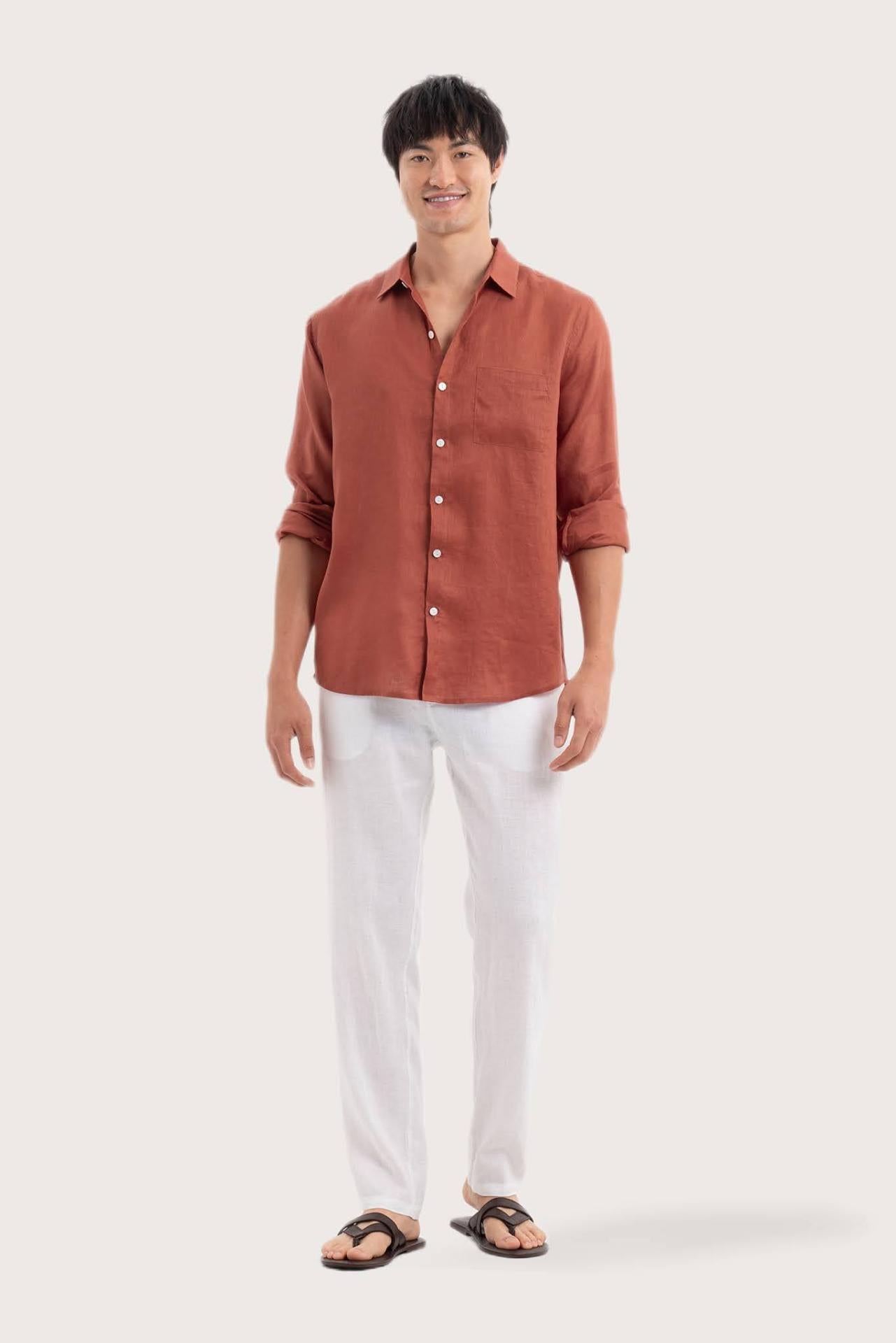 By The Sea Bali Baron Linen Shirt Brick — breathable linen shirt with a relaxed camp-collar silhouette