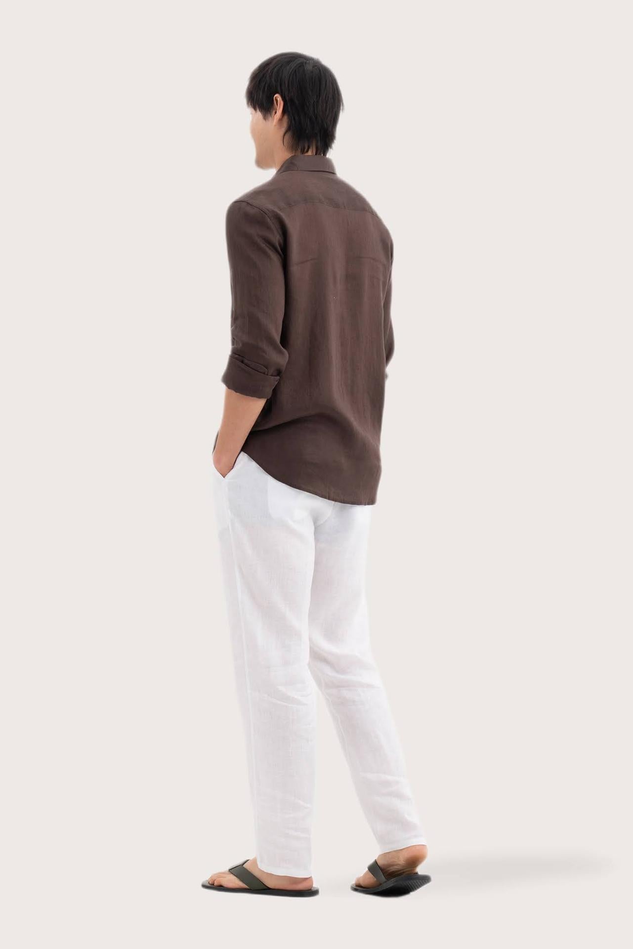 Back view of the Baron Linen Shirt Brown showcasing its tailored finish by By The Sea Bali