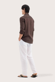 Back view of the Baron Linen Shirt Brown showcasing its tailored finish by By The Sea Bali