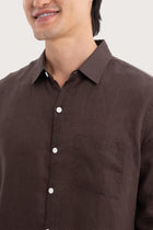 Close-up fabric and collar detail of the Baron Linen Shirt Brown by By The Sea Bali