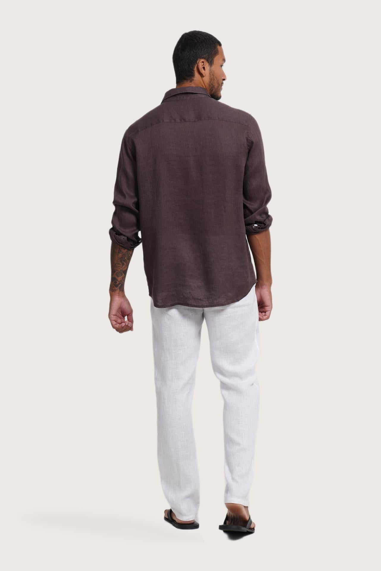 Back view of the Baron Linen Shirt Choco showcasing its tailored finish by By The Sea Bali