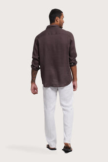 Back view of the Baron Linen Shirt Choco showcasing its tailored finish by By The Sea Bali