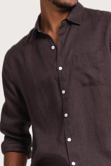 Close-up fabric and collar detail of the Baron Linen Shirt Choco by By The Sea Bali
