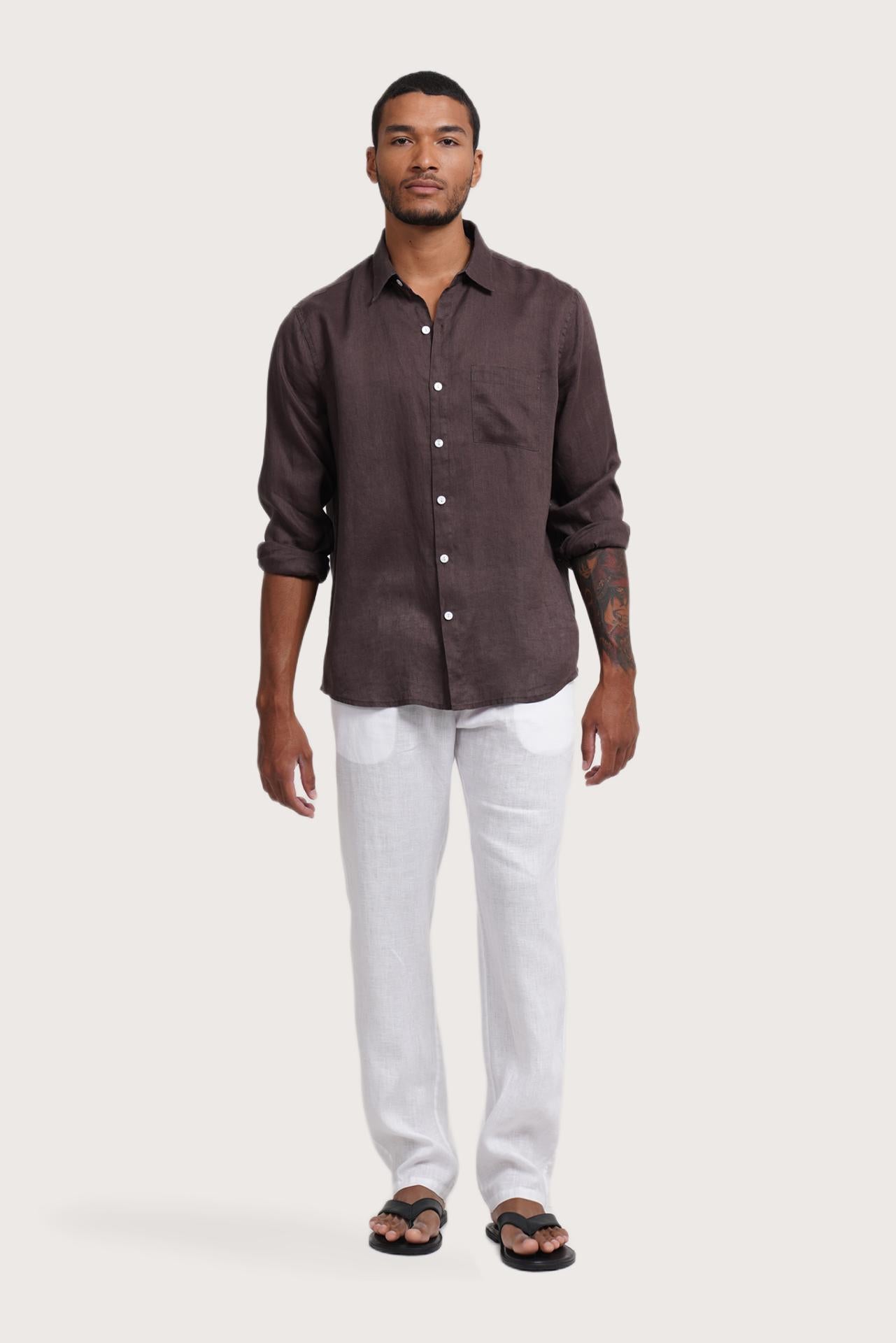 By The Sea Bali Baron Linen Shirt Choco — breathable linen shirt with a relaxed camp-collar silhouette