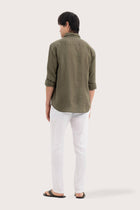 Back view of the Baron Linen Shirt Green showcasing its tailored finish by By The Sea Bali