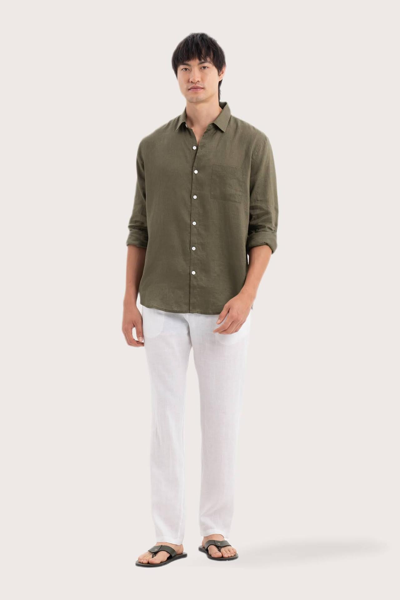 By The Sea Bali Baron Linen Shirt Green — breathable linen shirt with a relaxed camp-collar silhouette