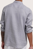Open collar and button-front detail of the Baron Linen Shirt Grey by By The Sea Bali