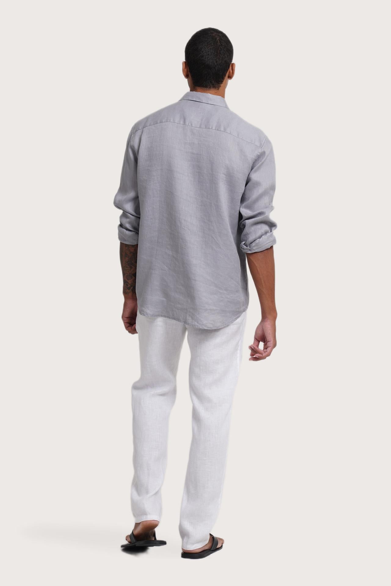 Back view of the Baron Linen Shirt Grey showcasing its tailored finish by By The Sea Bali