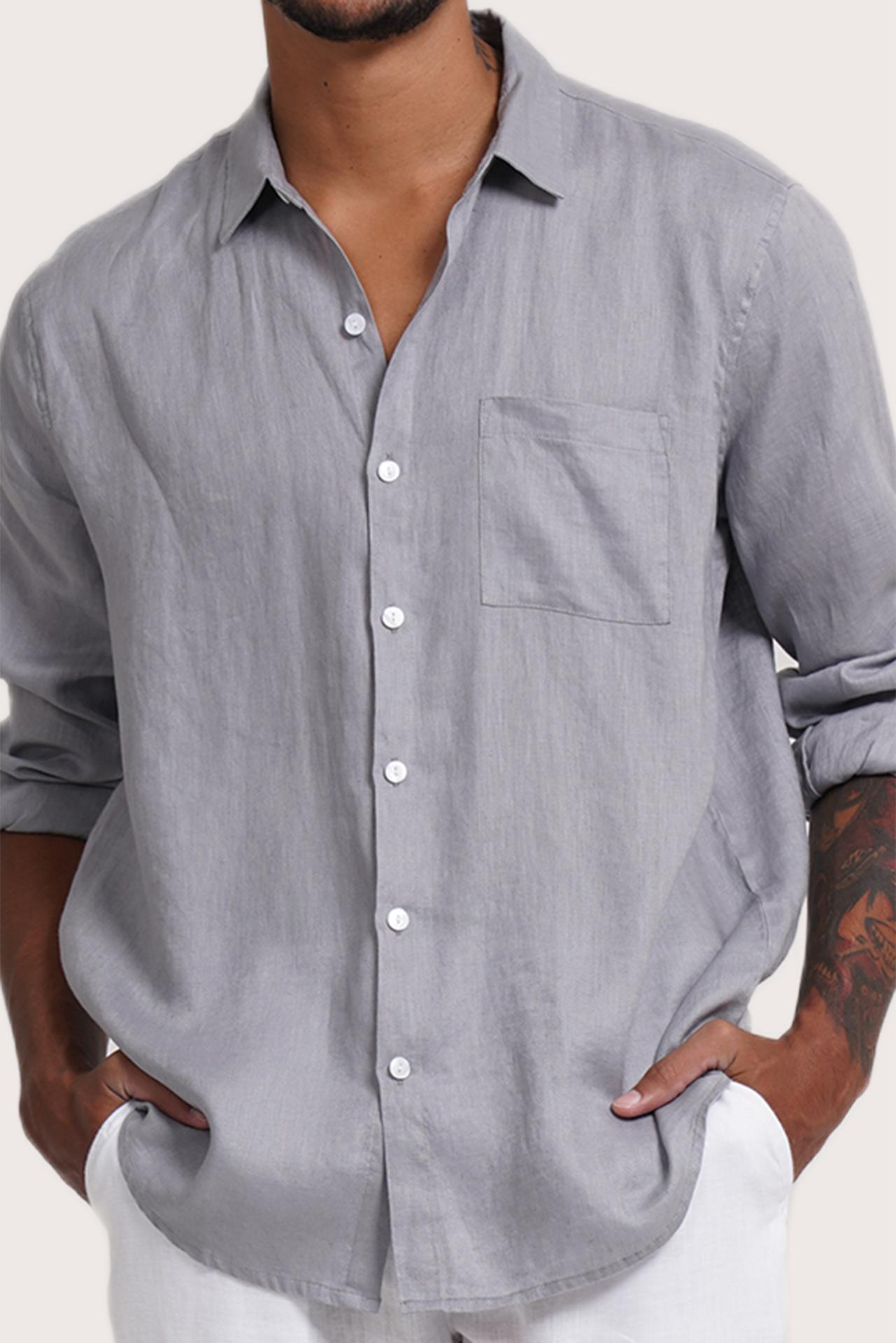 Close-up fabric and collar detail of the Baron Linen Shirt Grey by By The Sea Bali