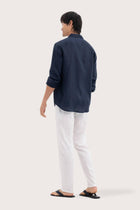 Back view of the Baron Linen Shirt Navy showcasing its tailored finish by By The Sea Bali