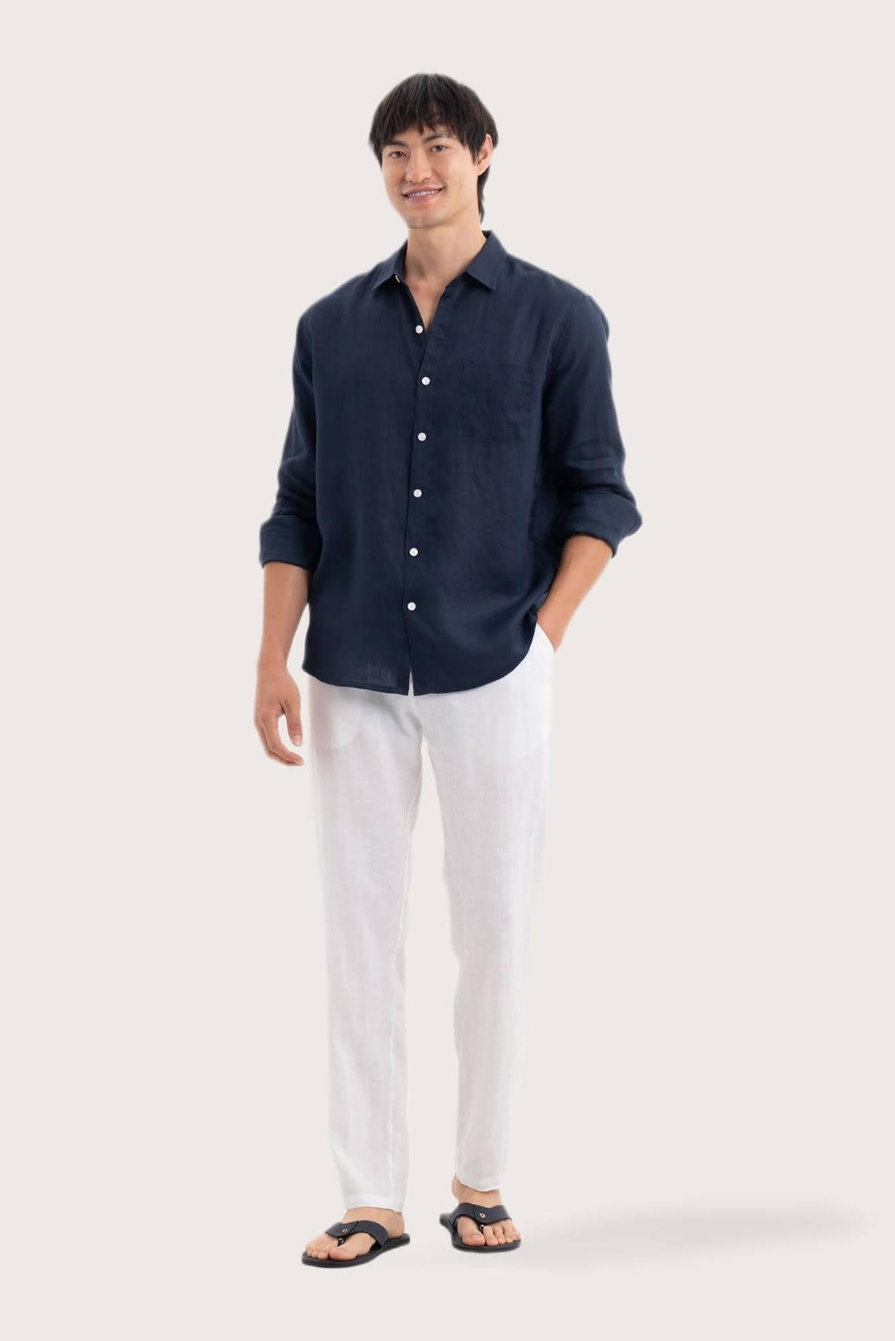 By The Sea Bali Baron Linen Shirt Navy — breathable linen shirt with a relaxed camp-collar silhouette