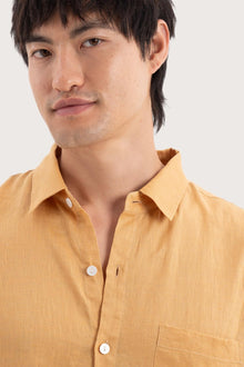 Close-up fabric and collar detail of the Baron Linen Shirt Yellow by By The Sea Bali