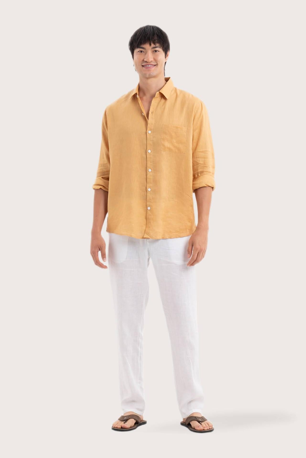 By The Sea Bali Baron Linen Shirt Yellow — breathable linen shirt with a relaxed camp-collar silhouette