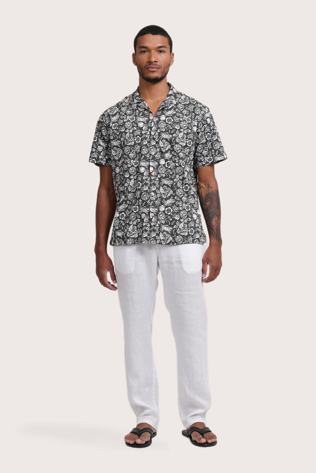 By The Sea Bali Baronang Cotton Shirt Veg and Crab in Grey — soft cotton shirt with a relaxed camp-collar silhouette