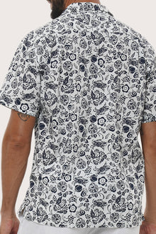 Men's resortwear styling featuring the Baronang Cotton Shirt in Veg and Crab White by By The Sea Bali