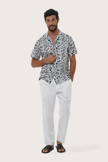 Front view of the Baronang Cotton Shirt in Veg and Crab White print by By The Sea Bali