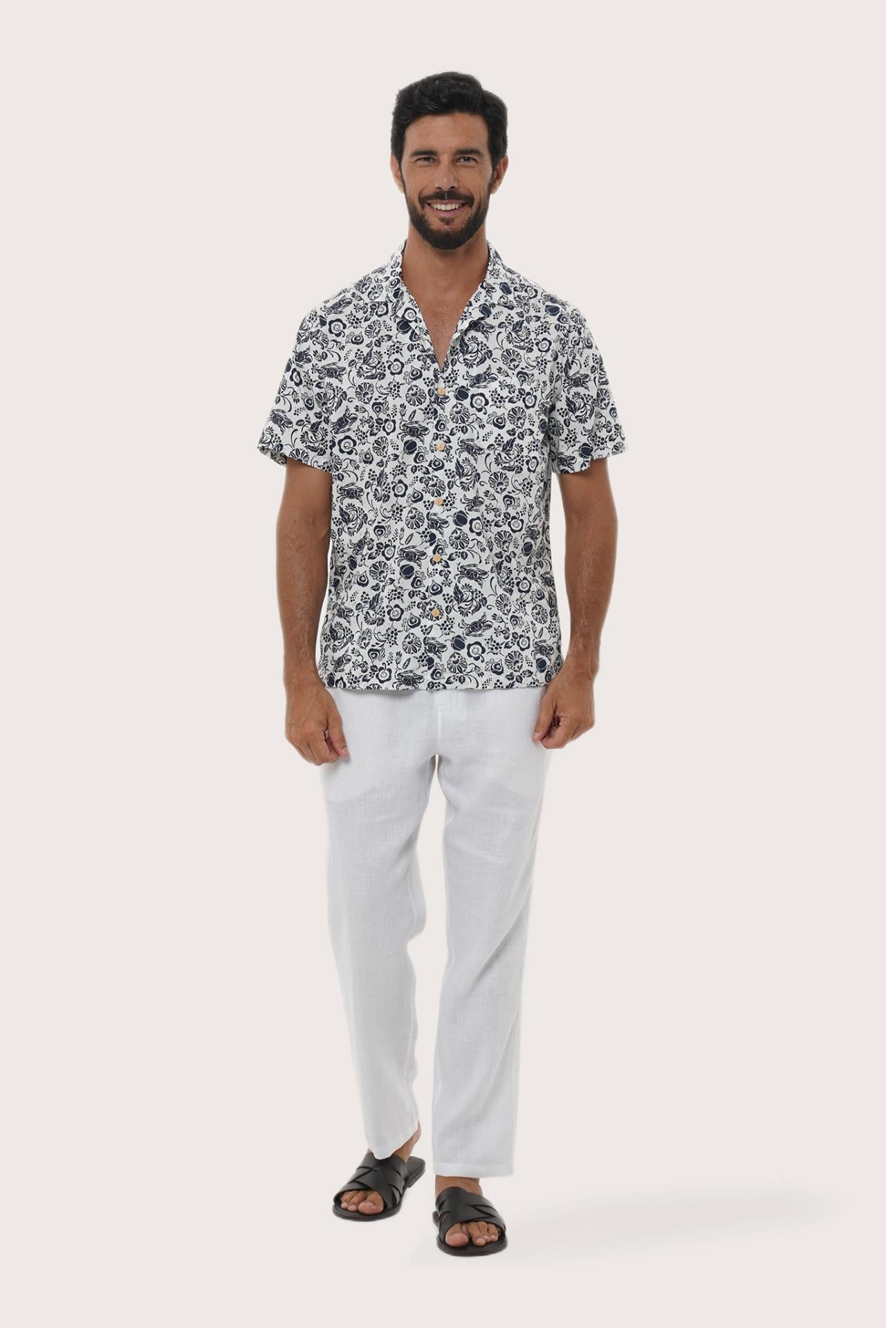By The Sea Bali Baronang Cotton Shirt in Veg and Crab White — soft cotton shirt in a playful coastal print