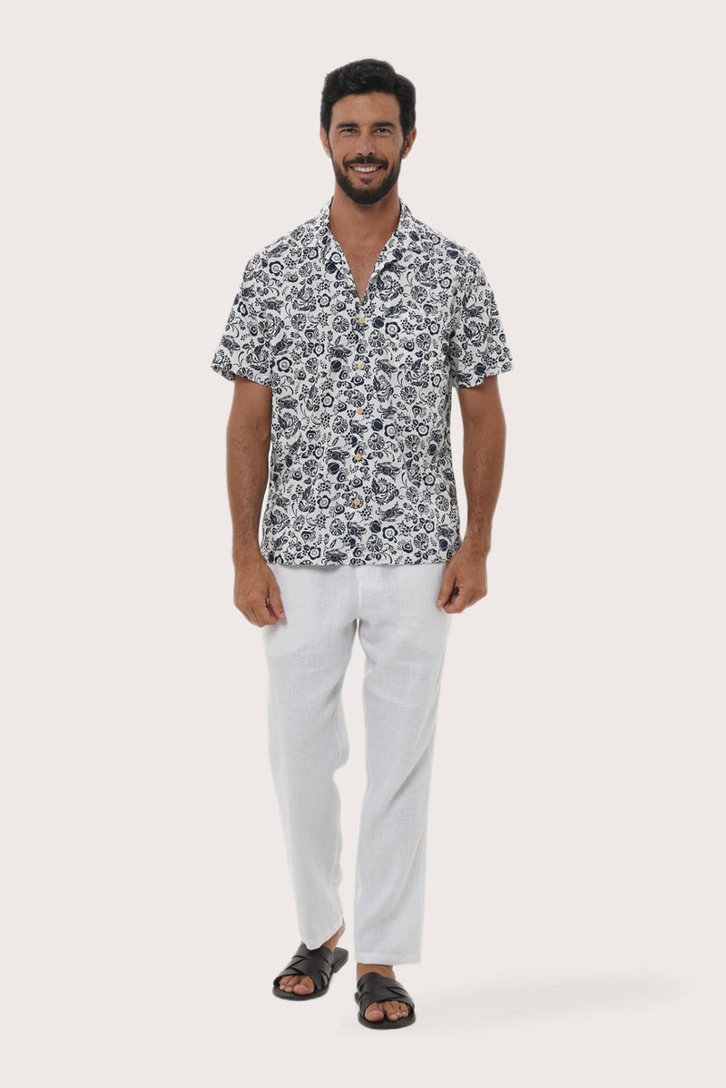 By The Sea Bali Baronang Cotton Shirt in Veg and Crab White — soft cotton shirt in a playful coastal print