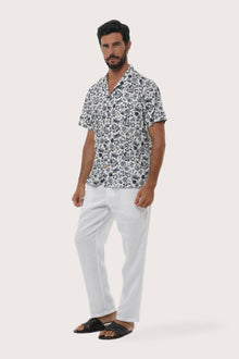 Close-up of the Veg and Crab print on the White Baronang Cotton Shirt by By The Sea Bali