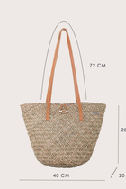 Beach bucket straw bag displayed with dimension reference showing size and proportions