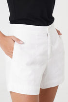 Close up detail of the Besca Linen Short Off White highlighting craftsmanship and design features