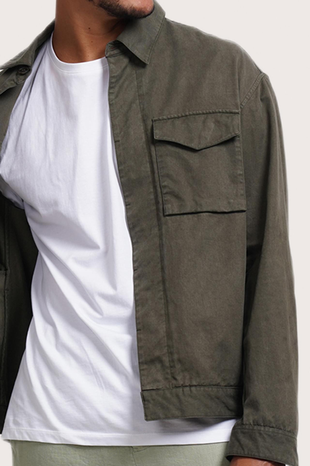 Close-up of the fabric texture and refined jacket detailing in army green