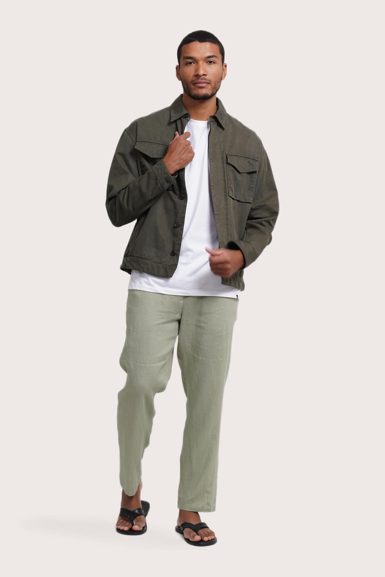 Model wearing the army green Broo jacket by By The Sea Bali