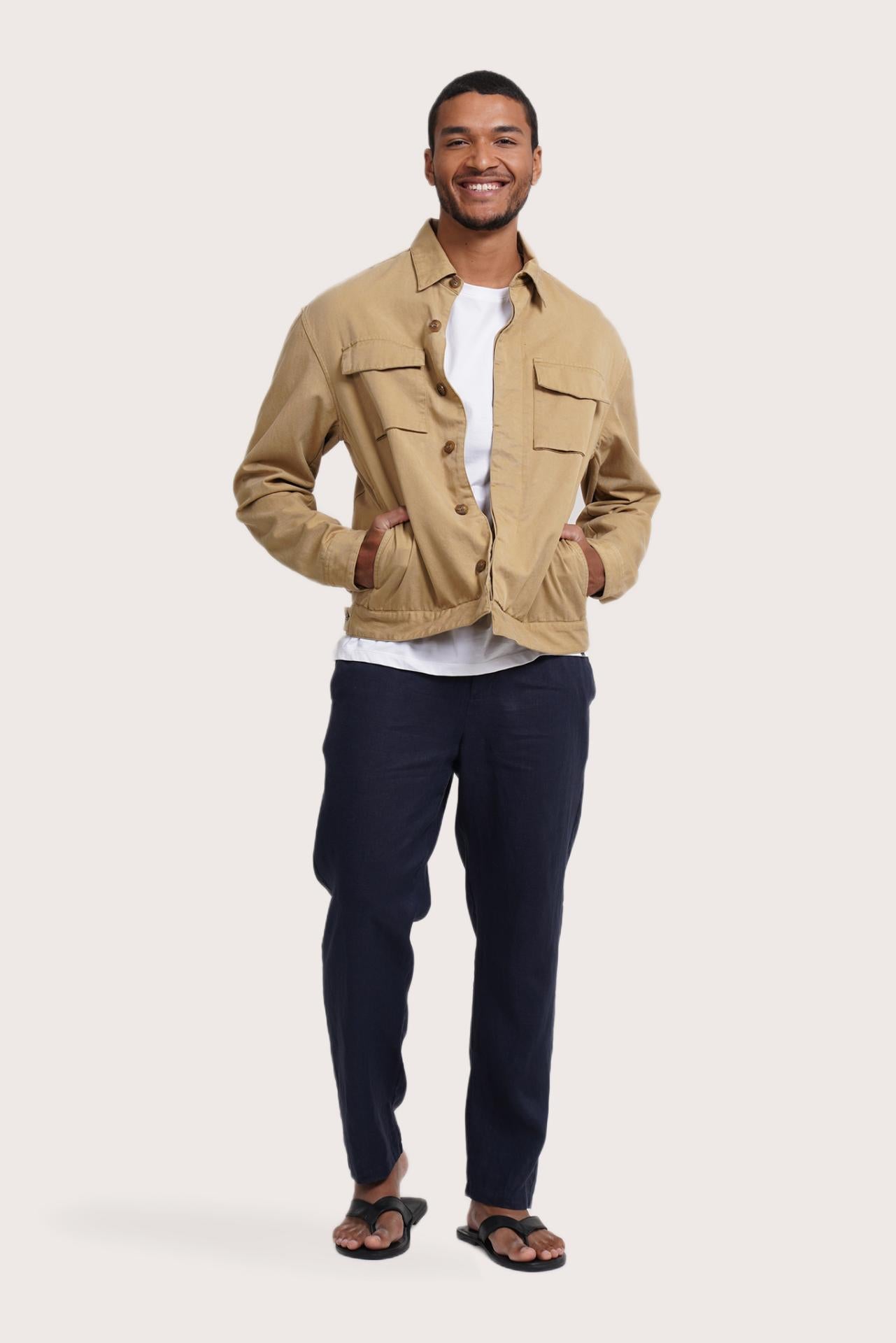 Model wearing the light beige Broo jacket by By The Sea Bali