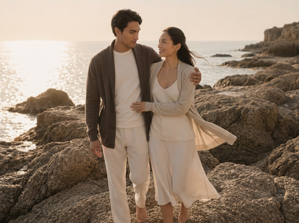 A couple walking arm-in-arm on rocky bali coastal ground at sunset, wearing coordinated neutral-toned by the sea clothing. The man wears a dark brown cashmere cardigan over a white top and light pants, and the woman wears a light beige cashmere cardigan over a cream dress.
