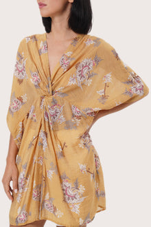 Refined Calendula Camel botanical print detail on the Canna Short Kaftan