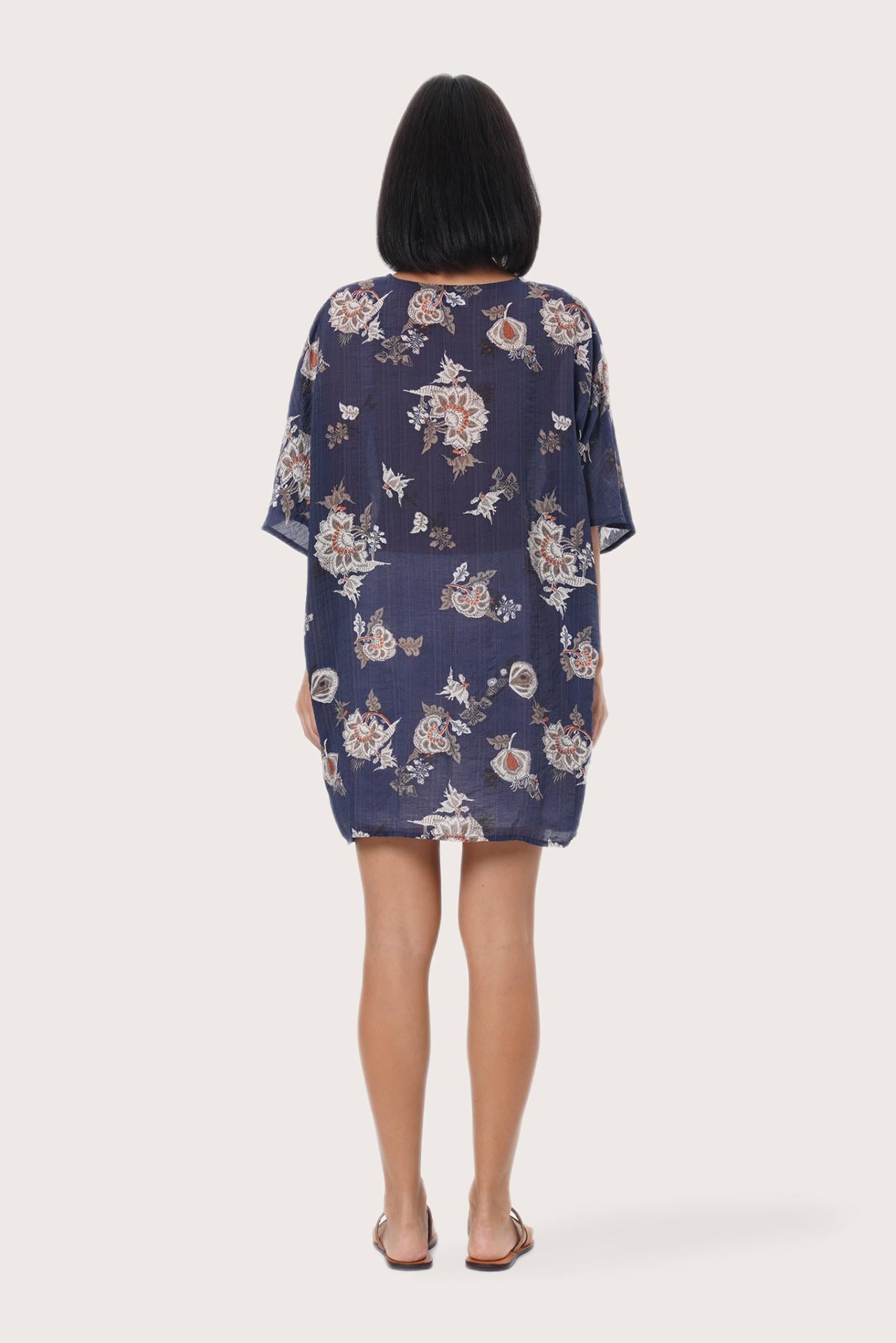 By The Sea Bali Back view of the Canna Short Kaftan in Calendula Navy