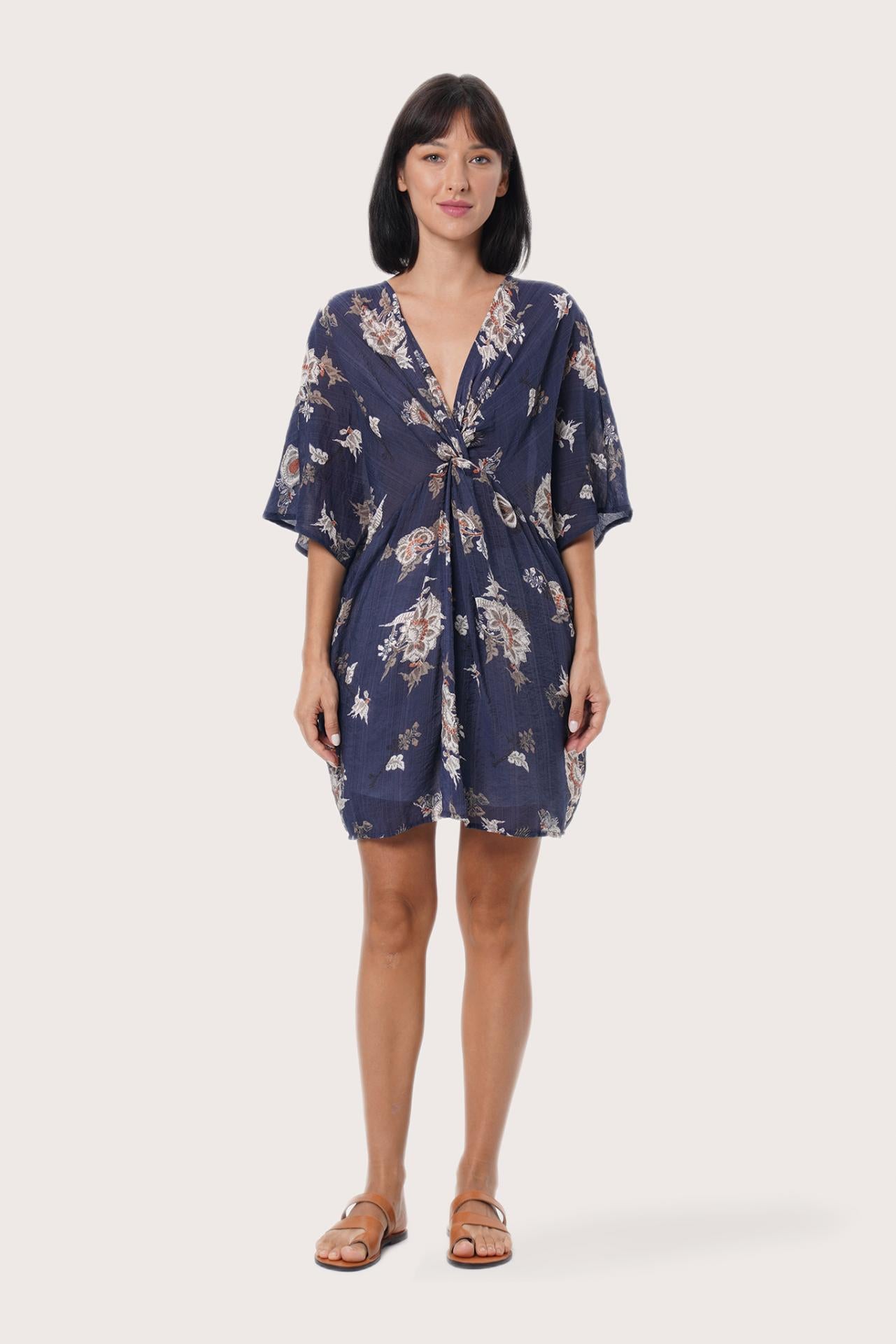 By The Sea Bali Canna Short Kaftan in Calendula Navy featuring a relaxed resort silhouette