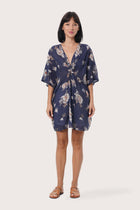 By The Sea Bali Canna Short Kaftan in Calendula Navy featuring a relaxed resort silhouette