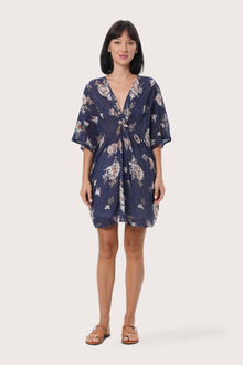 By The Sea Bali Canna Short Kaftan in Calendula Navy featuring a relaxed resort silhouette