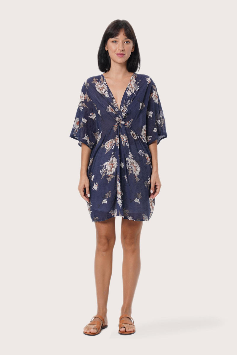 By The Sea Bali Canna Short Kaftan in Calendula Navy featuring a relaxed resort silhouette