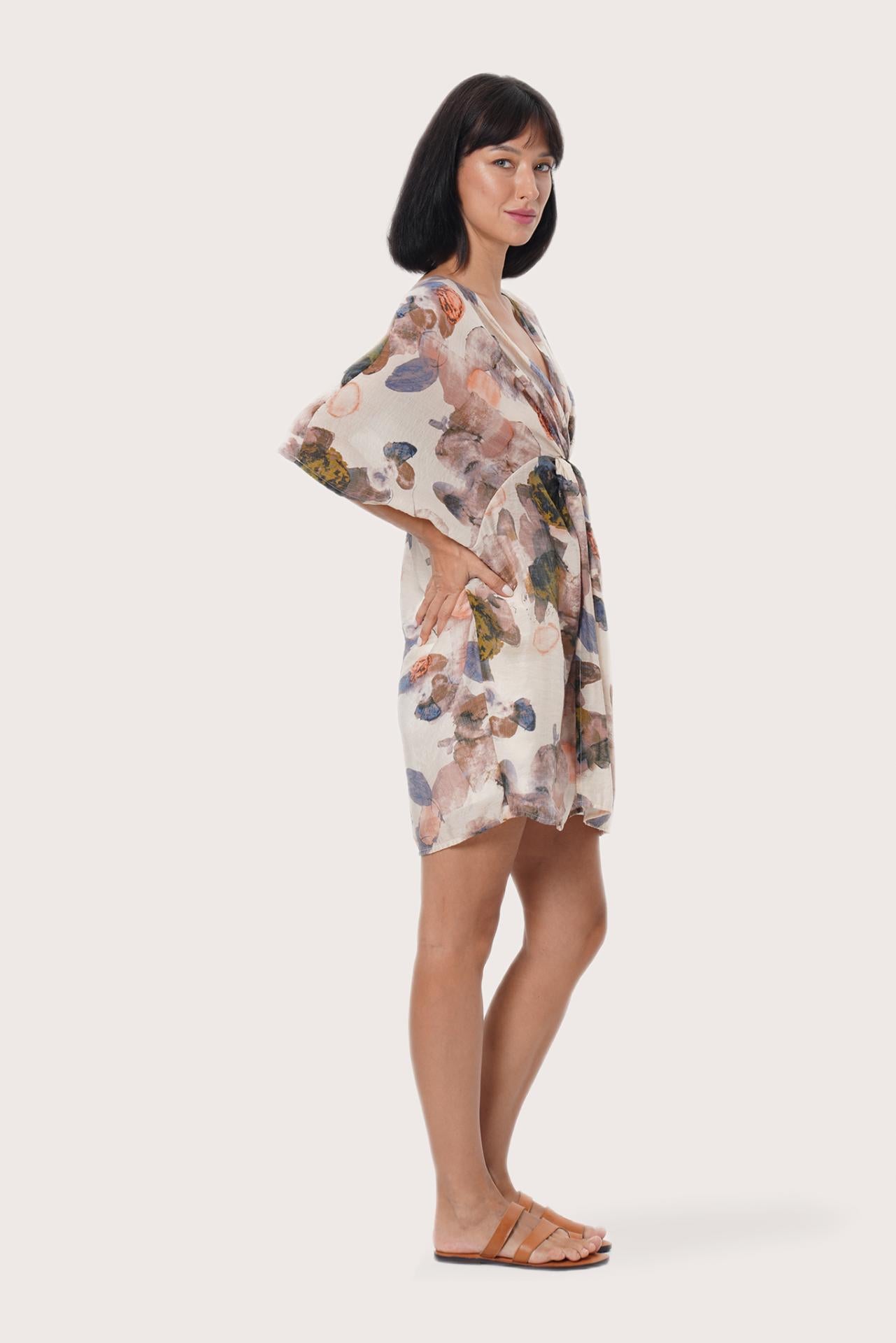 Airy short kaftan silhouette in soft Oleander Creme botanical tones