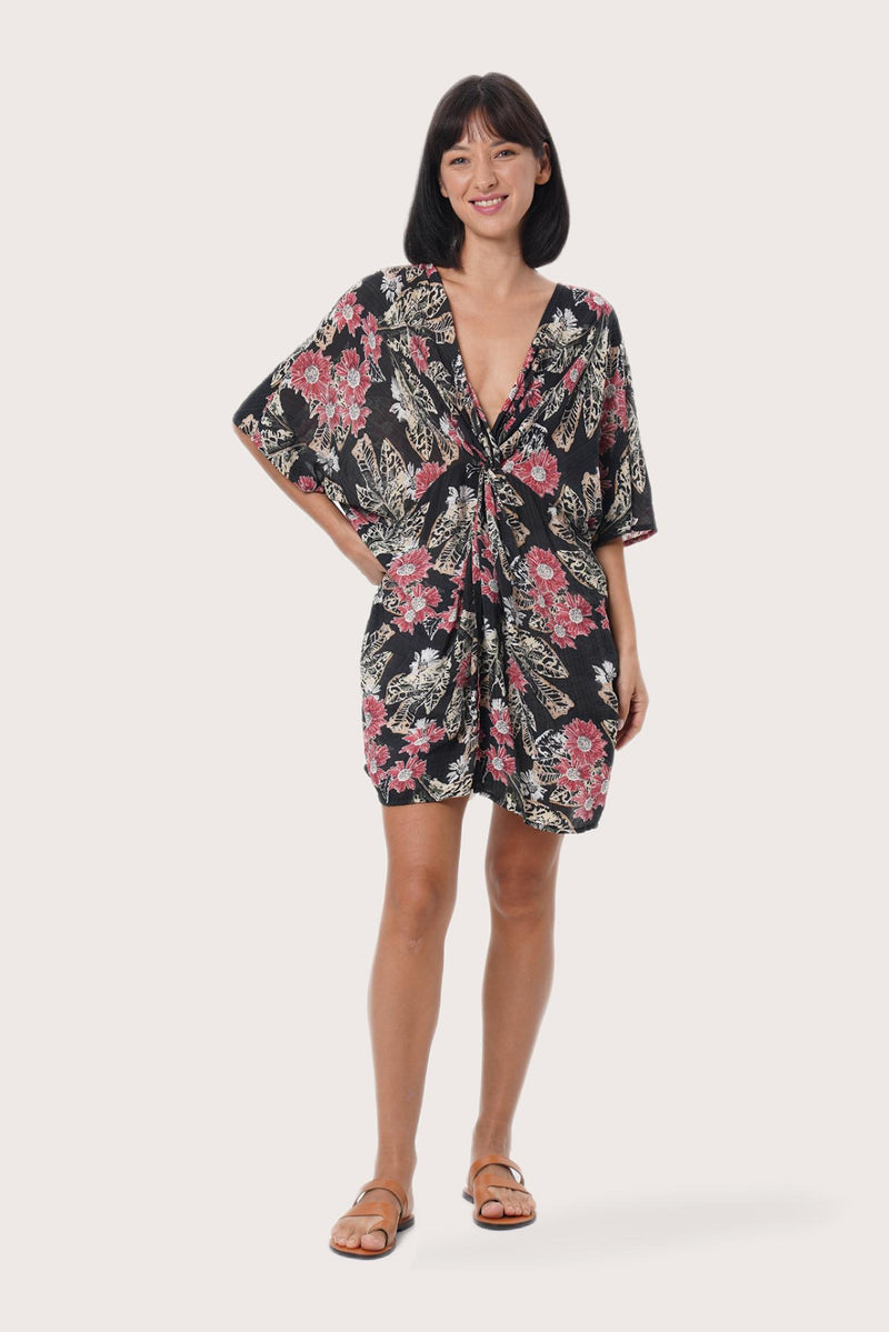 By The Sea Bali Canna Short Kaftan in Primrose Black featuring a relaxed resort silhouette