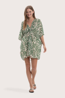 Model wearing the green paisley Canna short kaftan by By The Sea Bali