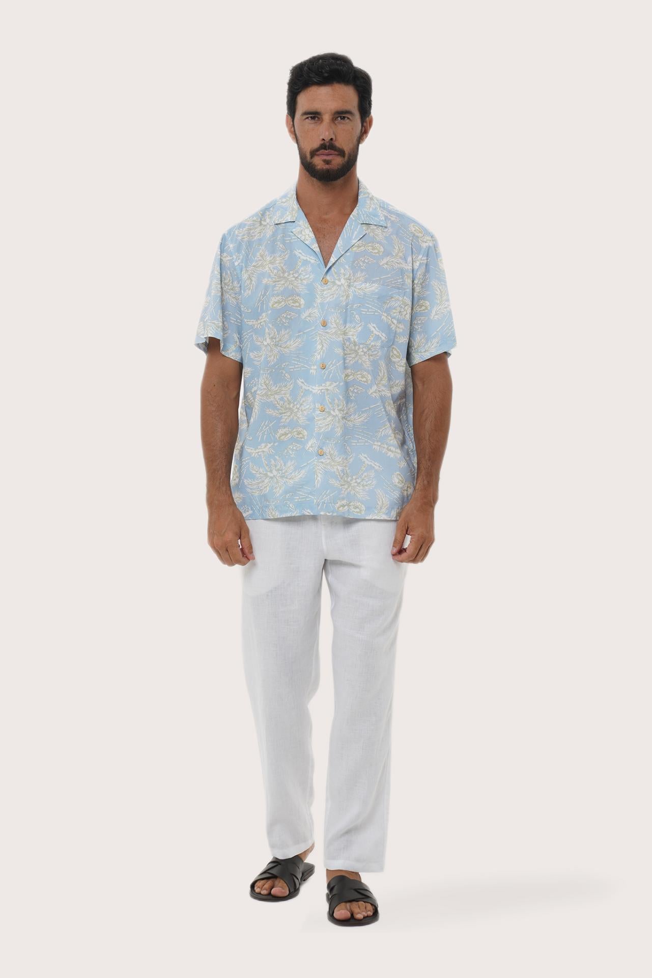 By The Sea Bali Chalet Shirt in Coconut Island Light Blue — relaxed camp-collar shirt in a tropical coconut print