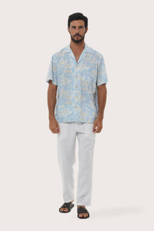 By The Sea Bali Chalet Shirt in Coconut Island Light Blue — relaxed camp-collar shirt in a tropical coconut print