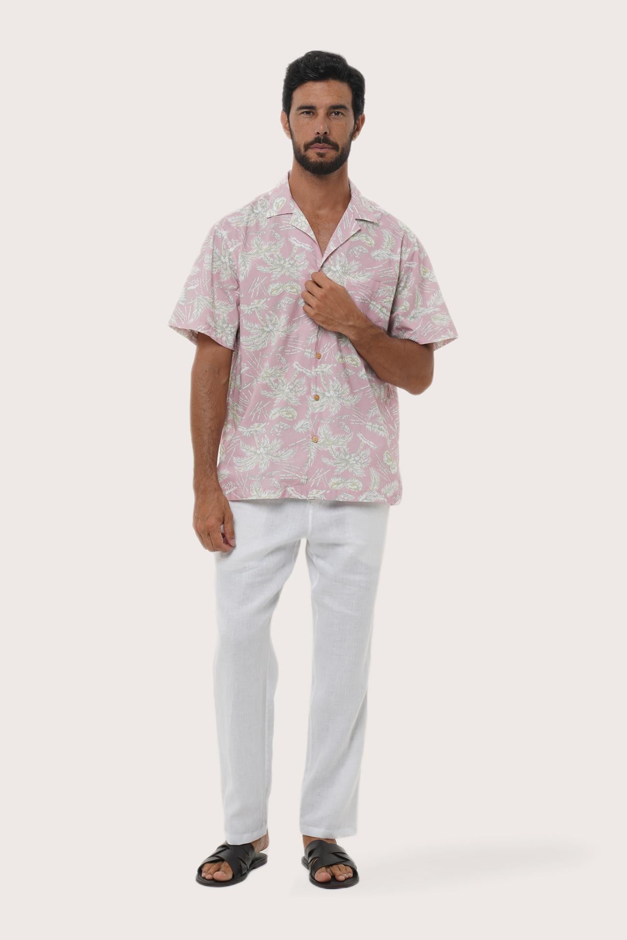 By The Sea Bali Chalet Shirt in Coconut Island Light Pink — relaxed camp-collar shirt in a tropical coconut print