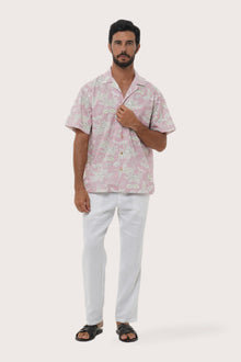 By The Sea Bali Chalet Shirt in Coconut Island Light Pink — relaxed camp-collar shirt in a tropical coconut print