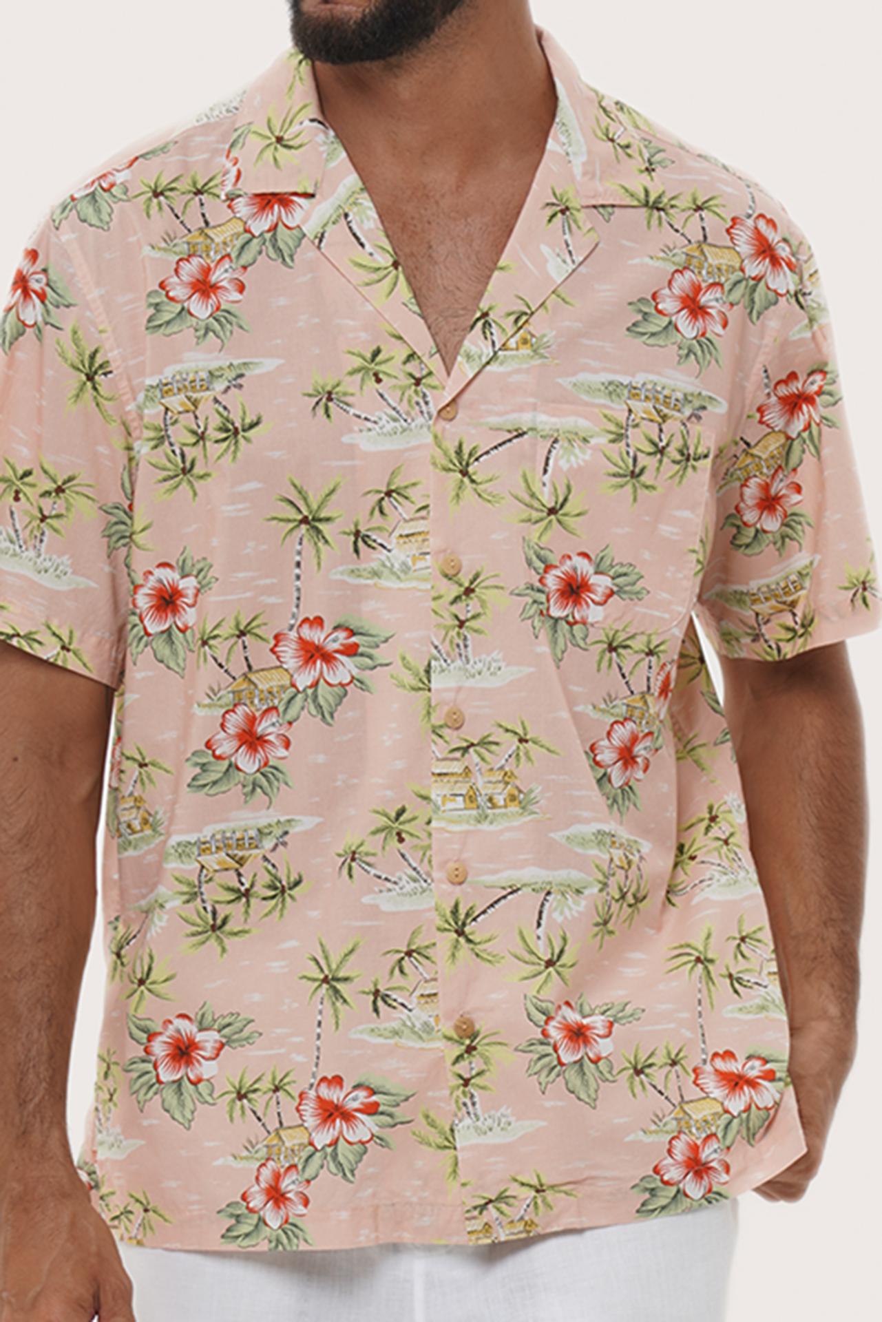 Close-up fabric and collar detail of the Chalet Shirt Island Rhythm in Light Pink by By The Sea Bali